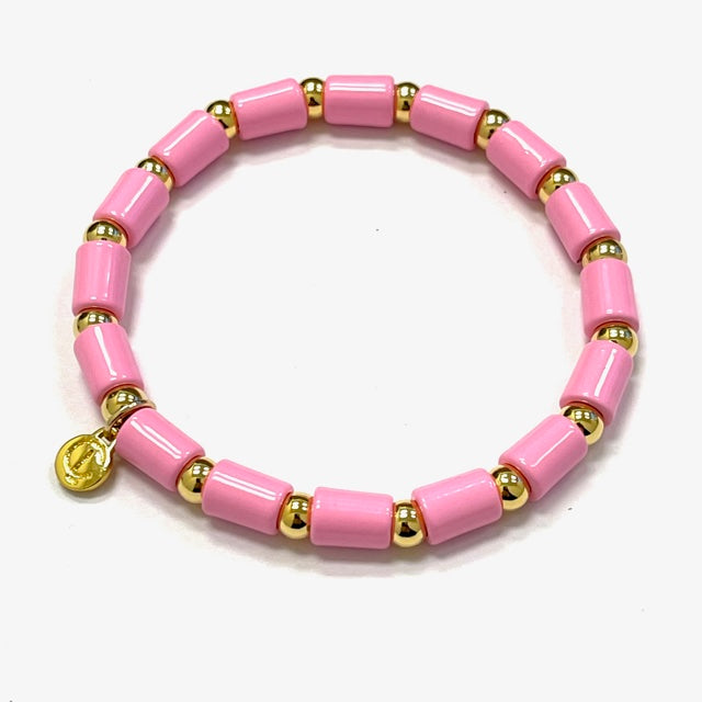 Poppy bracelet featuring enamel poppies on a stretchy 14K overlay band.
