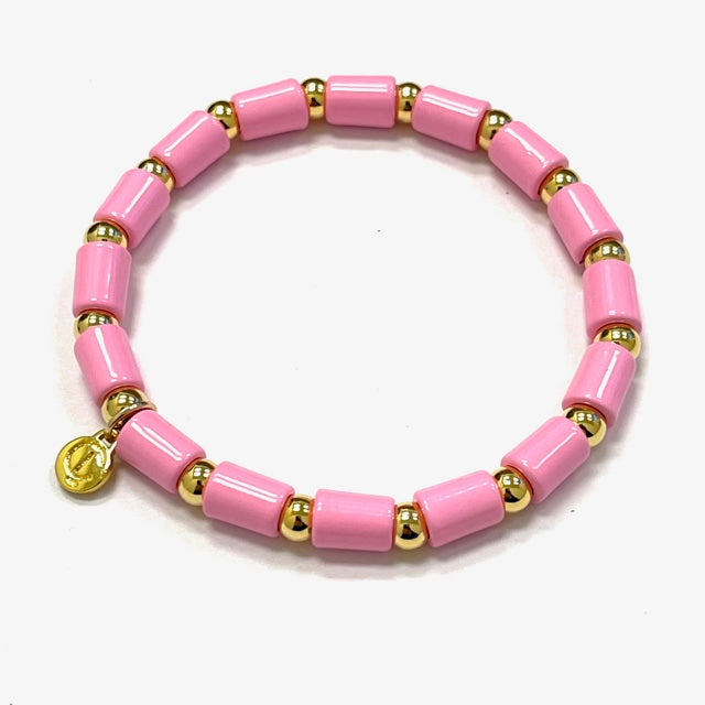 Poppy bracelet featuring enamel poppies on a stretchy 14K overlay band.