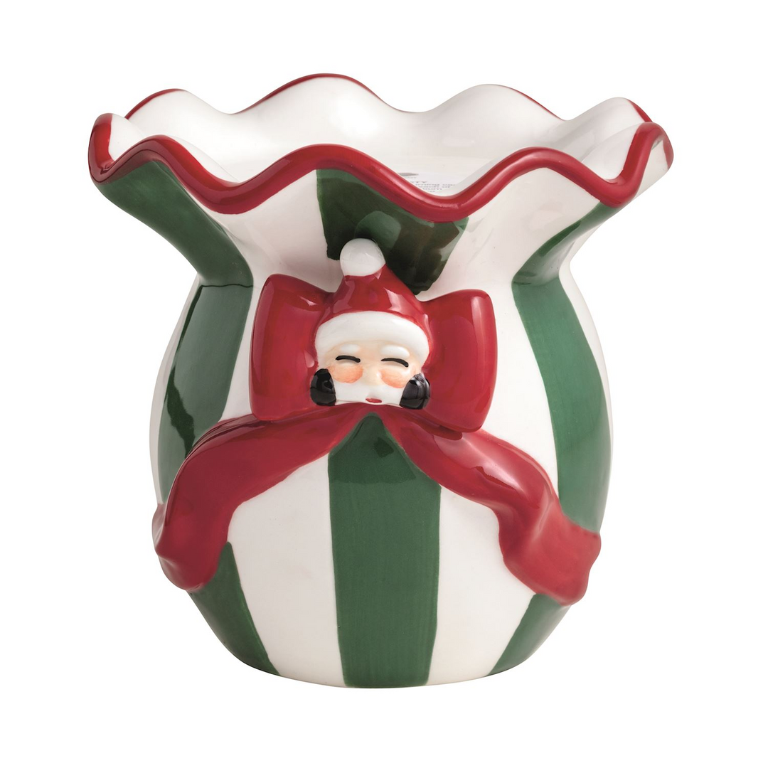 Green and white striped ceramic pillar holder with a red bow and Santa Claus icon.