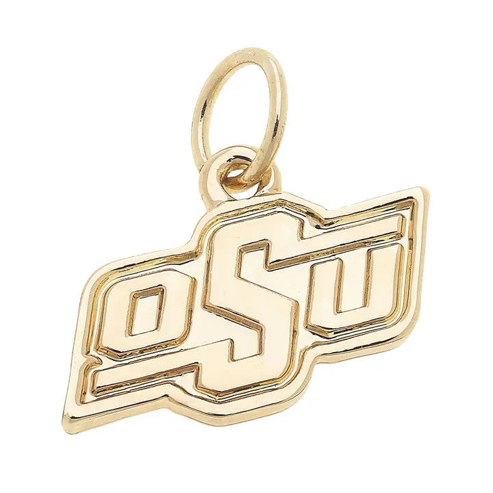 Oklahoma State Cowboys shiny gold logo charm with a top loop for attachment.