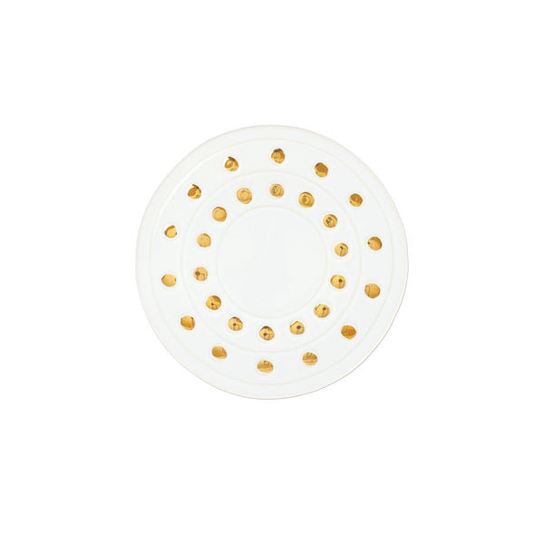 Round white Medici Gold Canape Plate with two concentric rings of hand-painted gold dots.