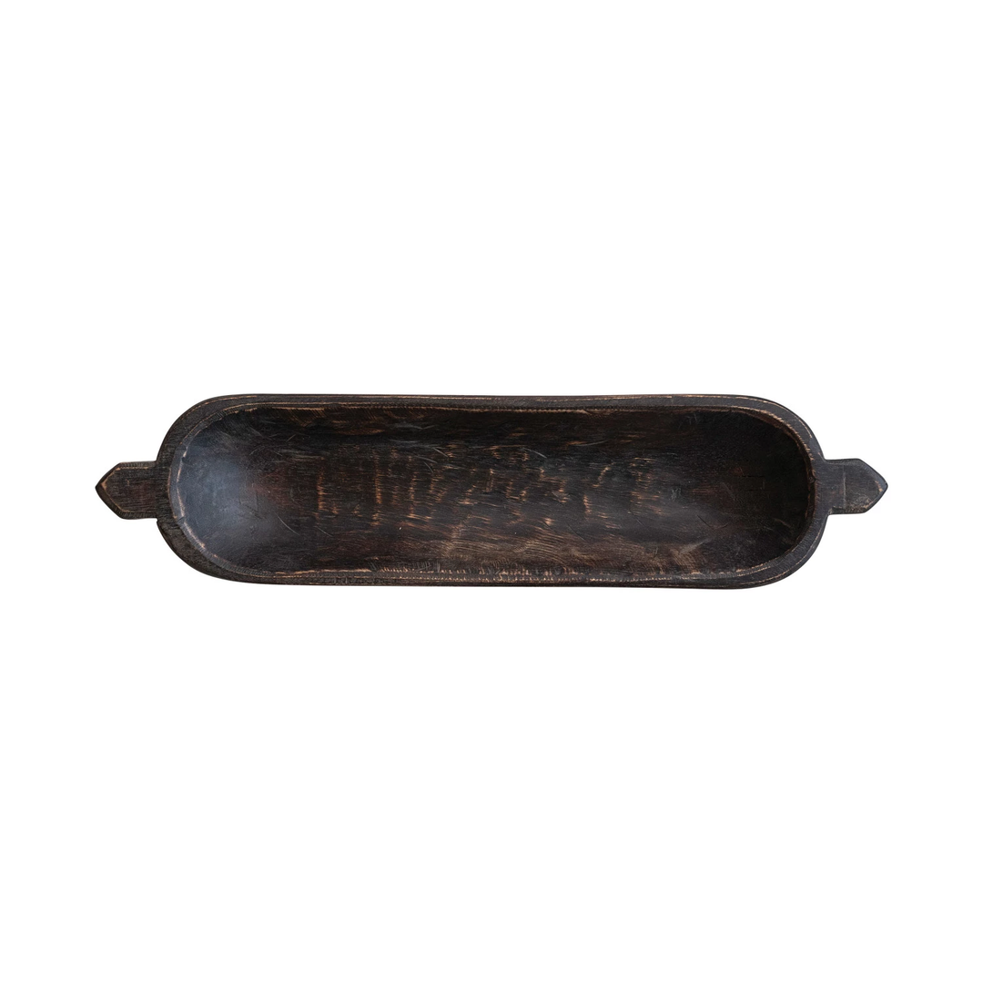 Top view of a long, narrow dark brown decorative wood trug with small handles on each end.