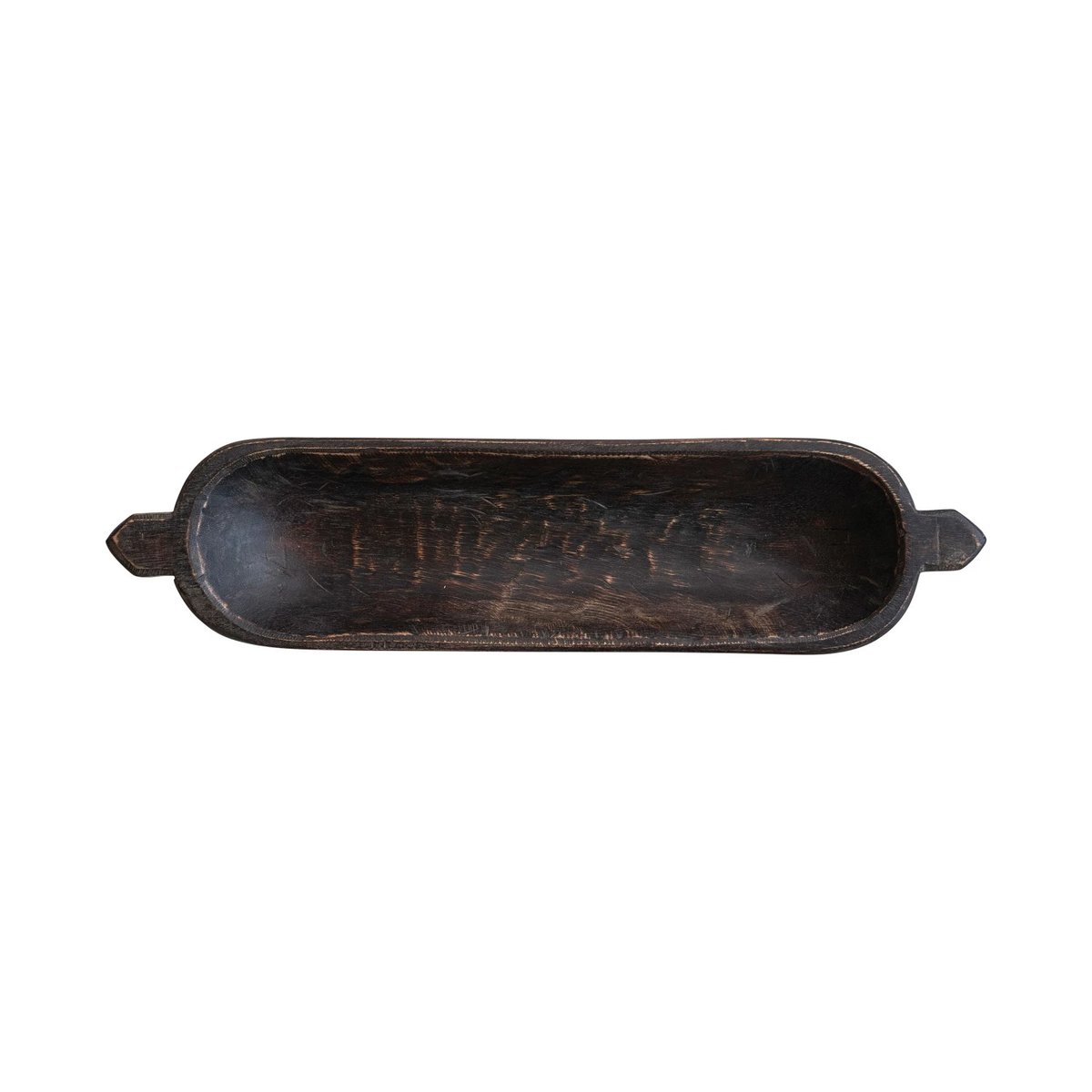 Top view of a long, narrow dark brown decorative wood trug with small handles on each end.