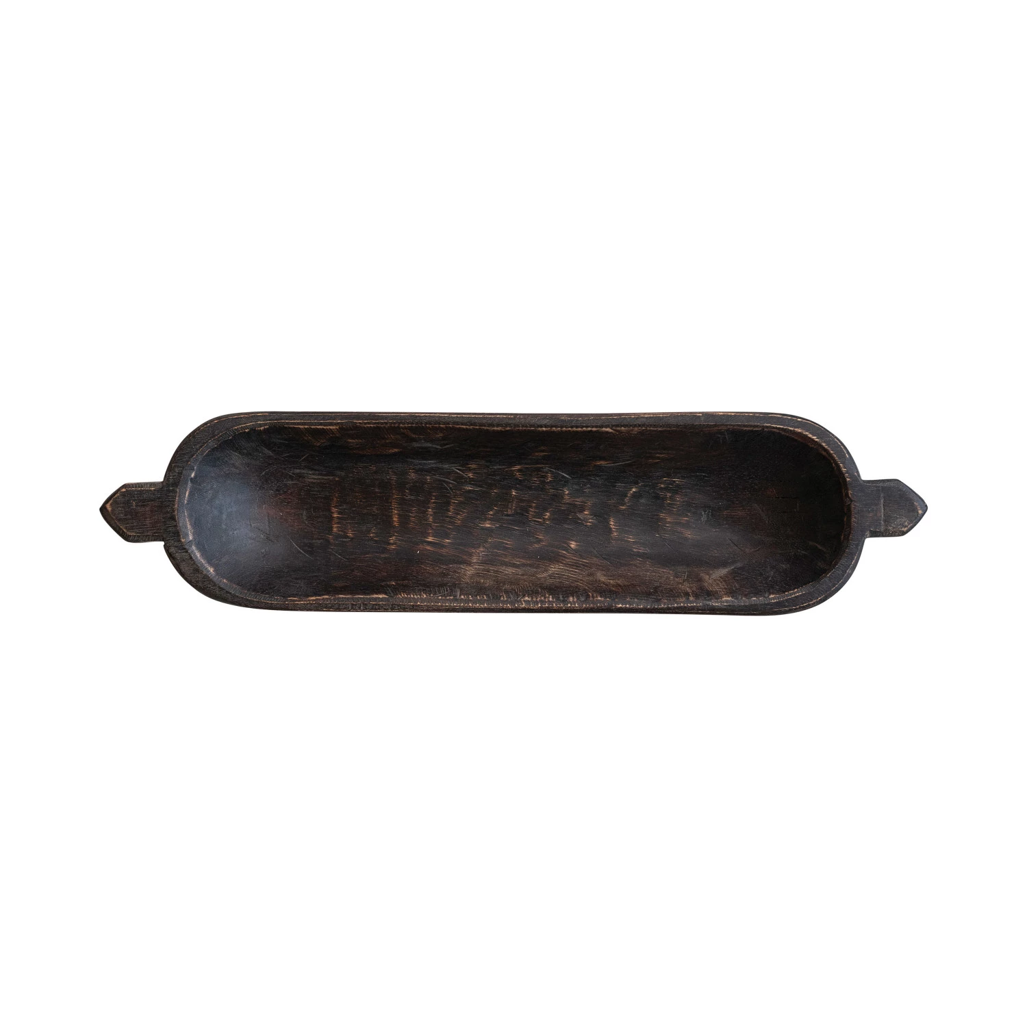 Top view of a long, narrow dark brown decorative wood trug with small handles on each end.