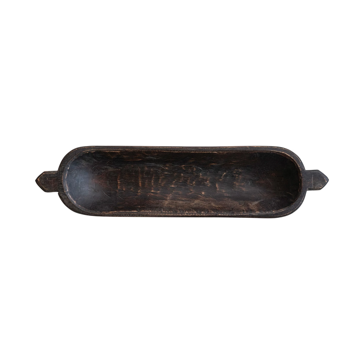 Top view of a long, narrow dark brown decorative wood trug with small handles on each end.
