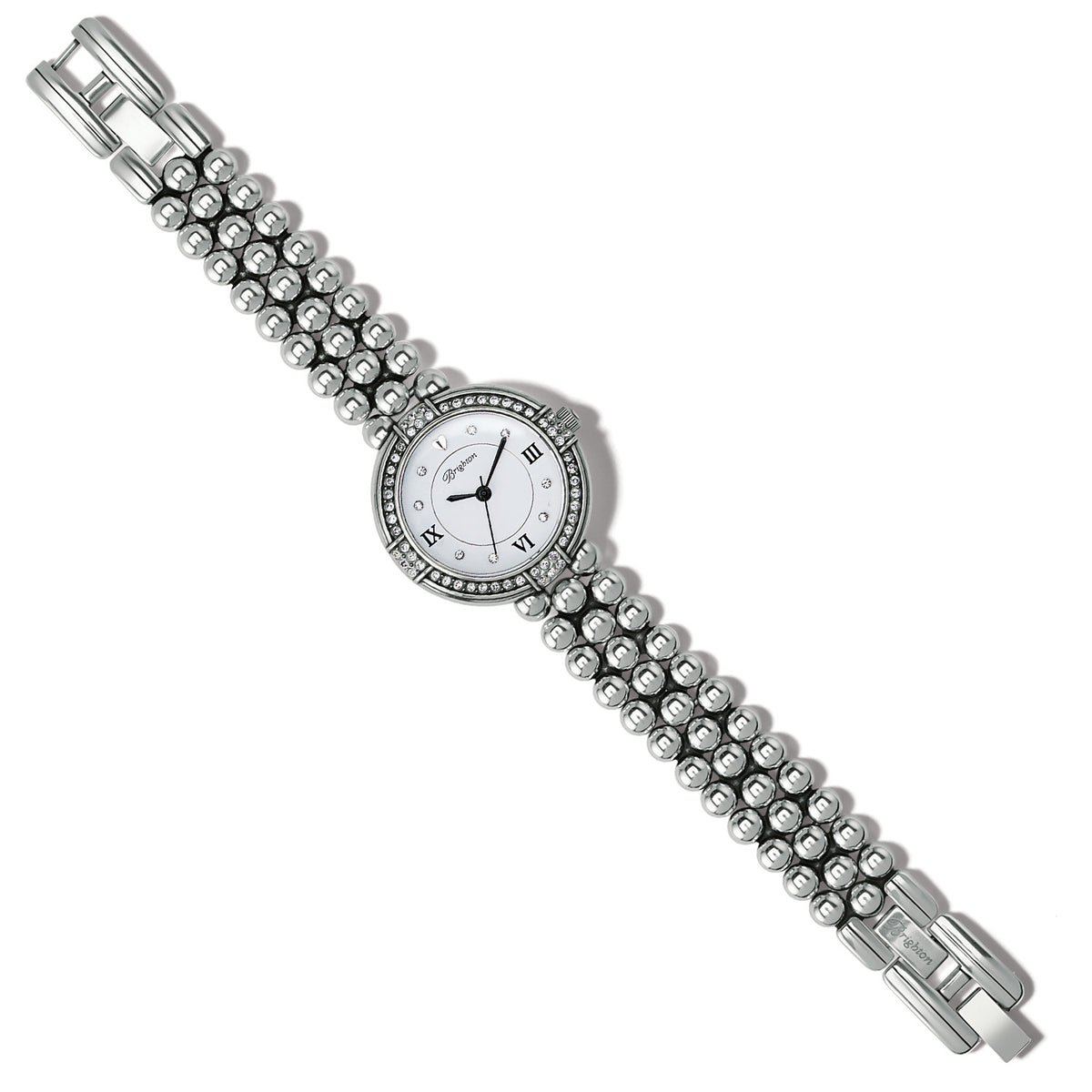 La Rochelle silver-plated watch with a beaded band, crystal-accented bezel, and white Roman dial.