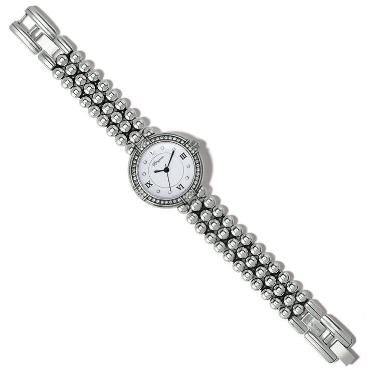 La Rochelle silver-plated watch with a beaded band, crystal-accented bezel, and white Roman dial.