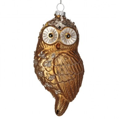 5-inch gold glass owl Christmas ornament with silver sequins and glitter accents.