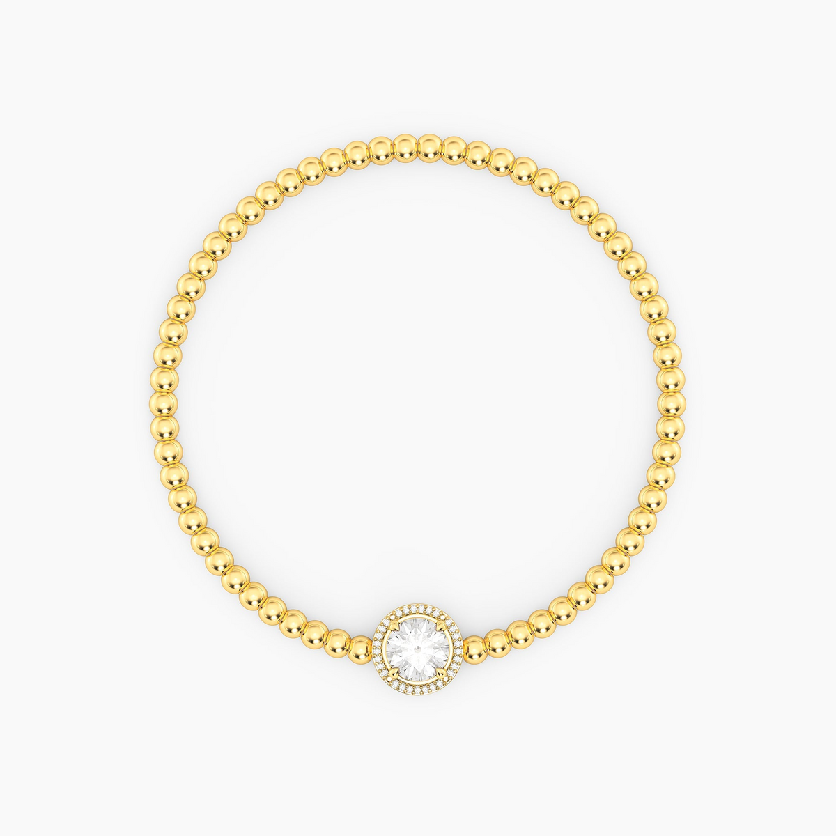 Gold-plated beaded bracelet with a round-cut center gemstone and diamond halo.