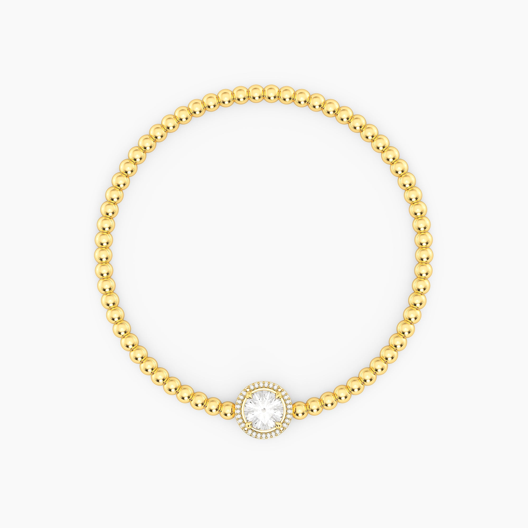 Gold-plated beaded bracelet with a round-cut center gemstone and diamond halo.