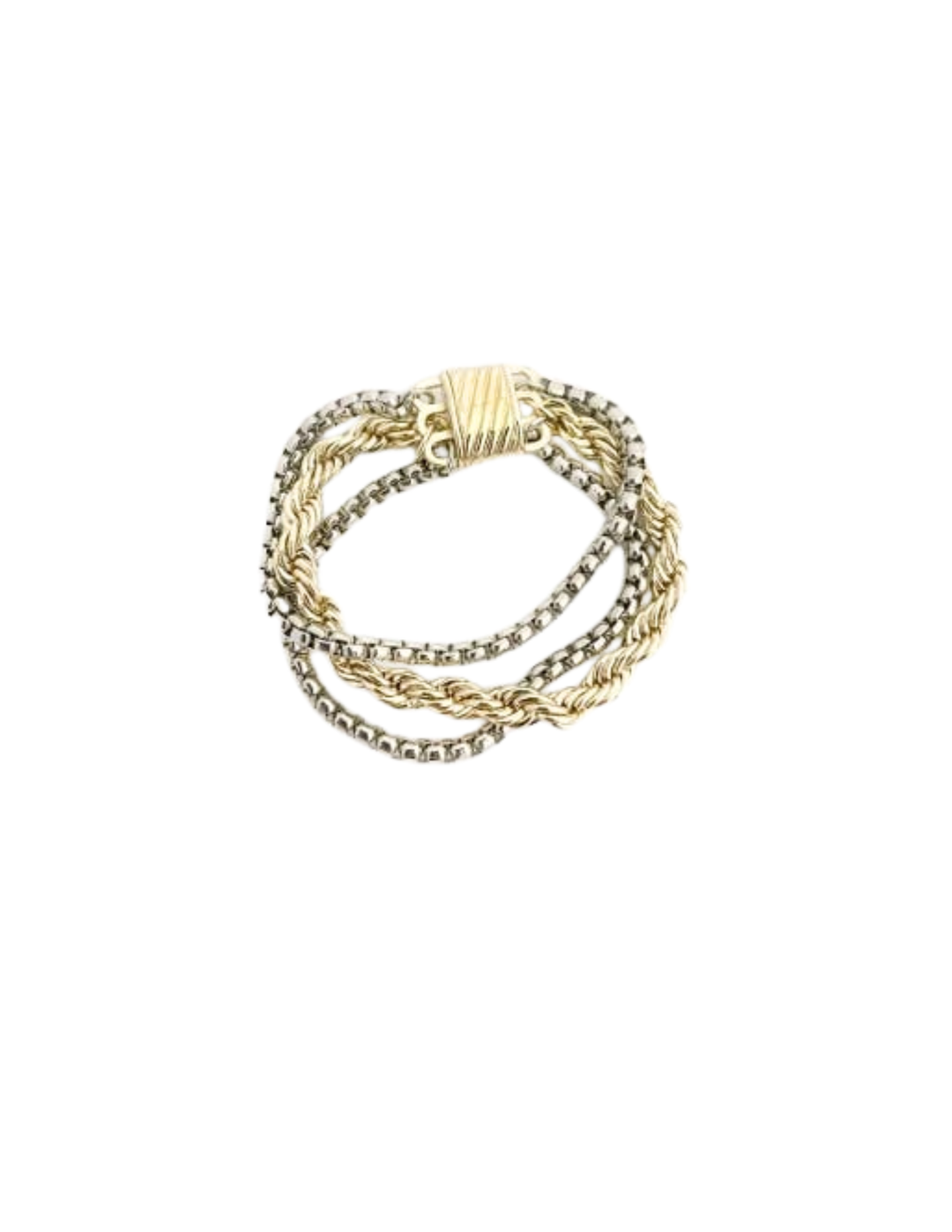 Multi-strand bracelet featuring alternating silver box chains and gold rope chains with a gold clasp.