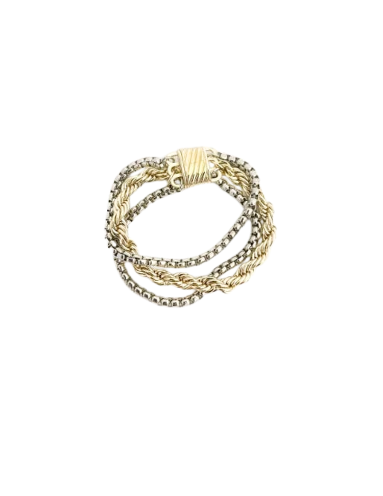 Multi-strand bracelet featuring alternating silver box chains and gold rope chains with a gold clasp.