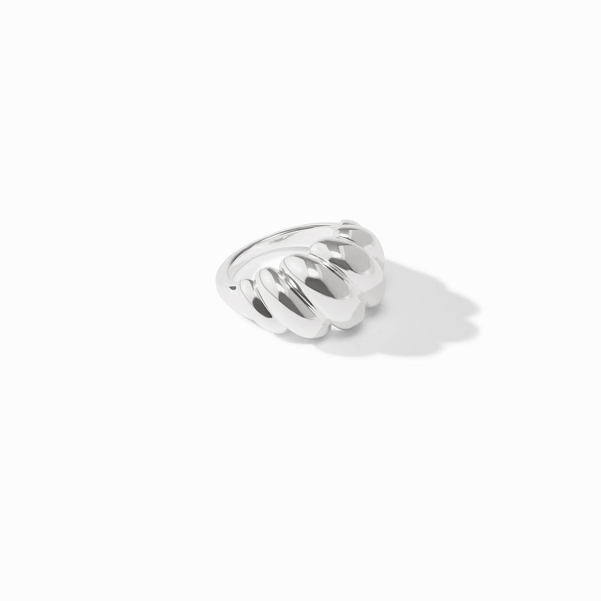 Ravello Ring in silver with a chunky, ribbed croissant-style design on a white background.