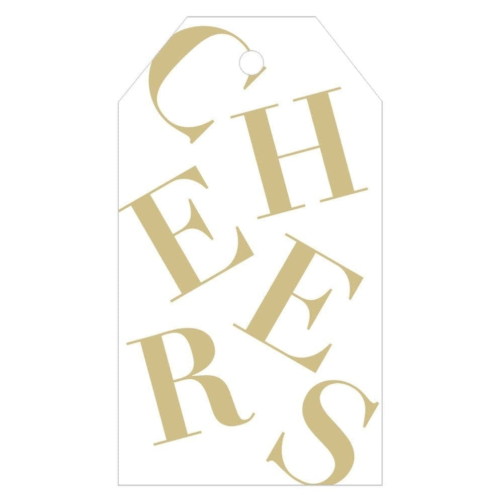 Four white die-cut gift tags with gold foil 'Tossed Cheers' pattern hanging from a shimmering cord.
