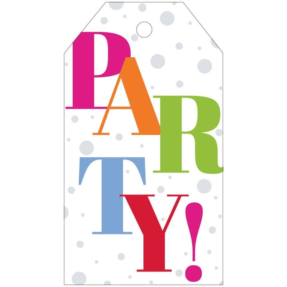 Four die-cut party-themed gift tags with gold hang cords on high-quality cardstock.