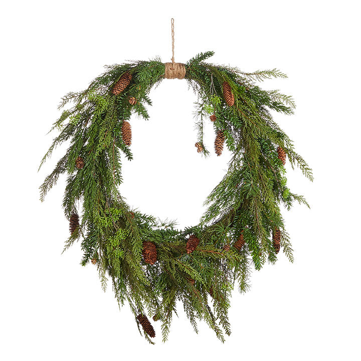 36-inch oval cedar and pinecone wreath with mixed greenery and natural brown pinecones.