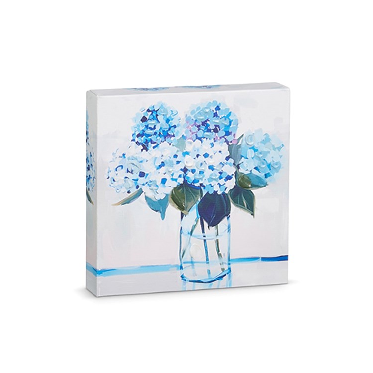 6-inch square blue floral wall art on canvas with MDF backing.