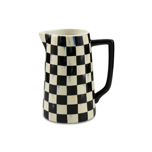Check Farmhouse Pitcher with black and white checkered pattern and a black handle.