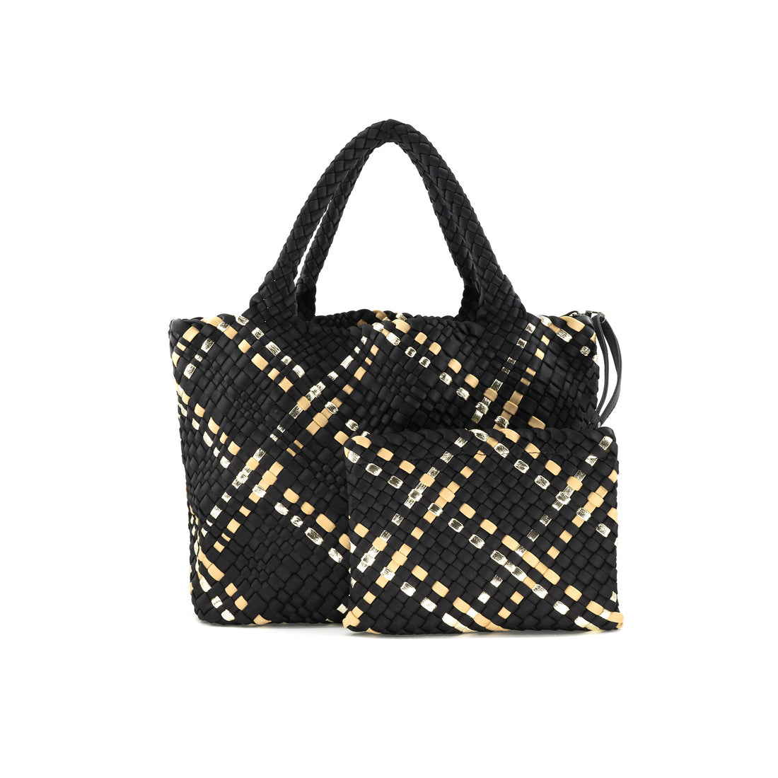 Neoprene tote bag in solid black with a rectangular shape.