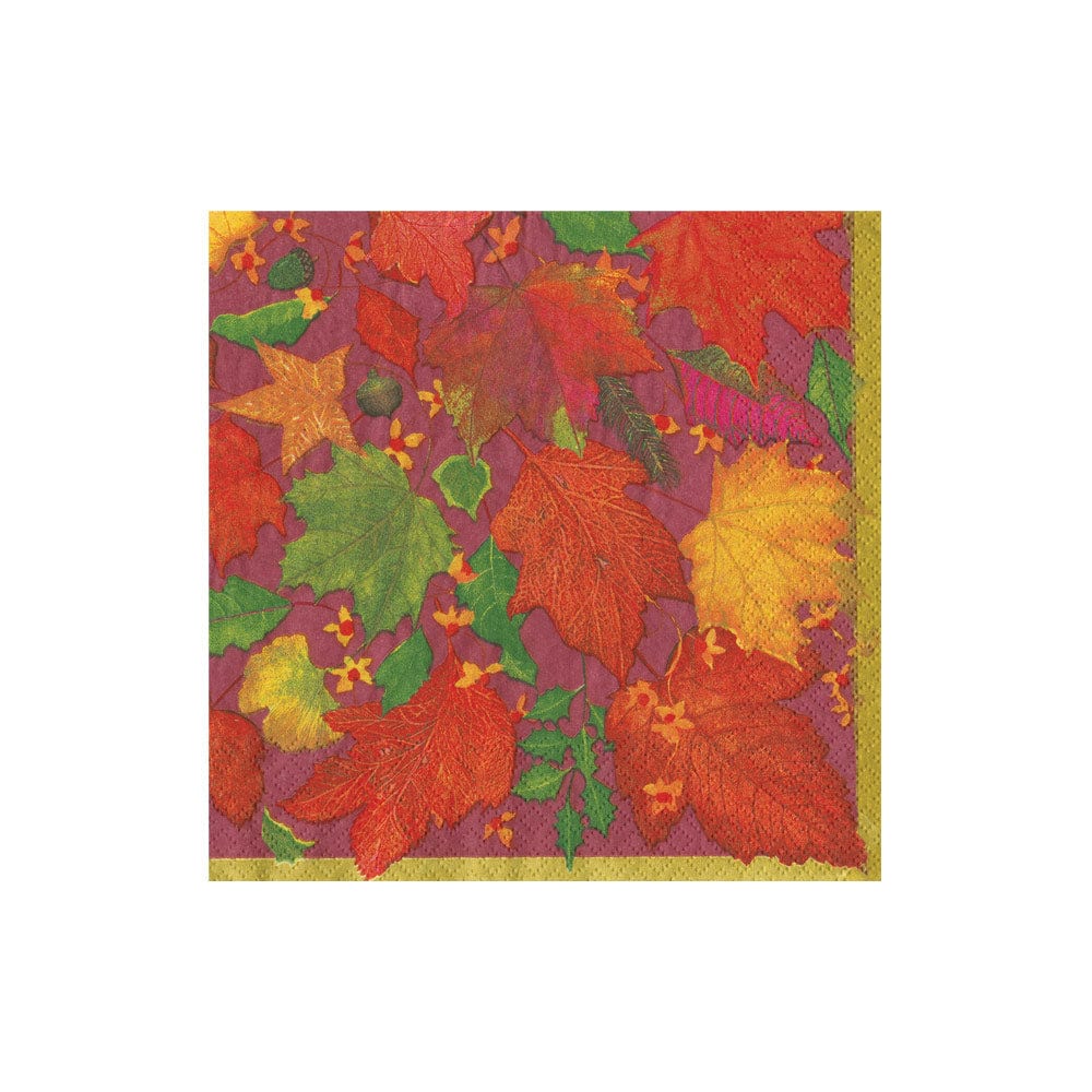 Caspari Swirling Leaves Burgundy Cocktail Napkins featuring colorful autumn maple leaves.