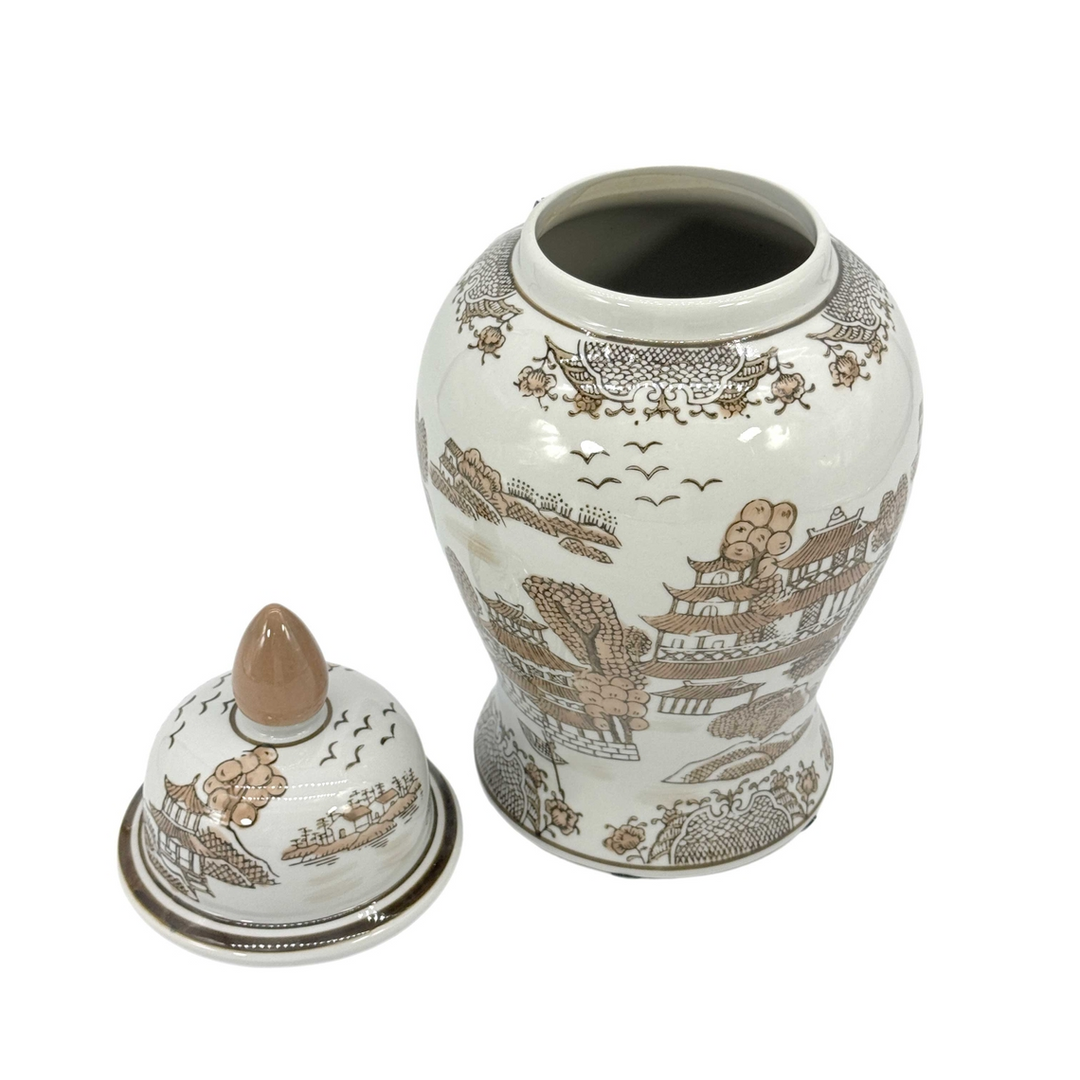 14 inch brown and white landscape chinoiserie ginger jar with matching lid removed.