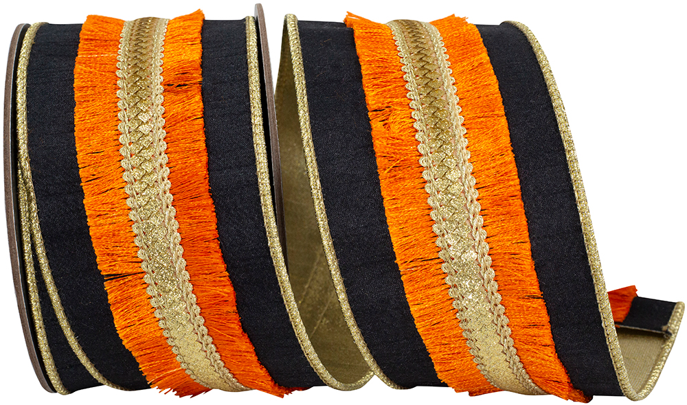 Black and orange wired edge ribbon with gold metallic fringe trim and fused backing.