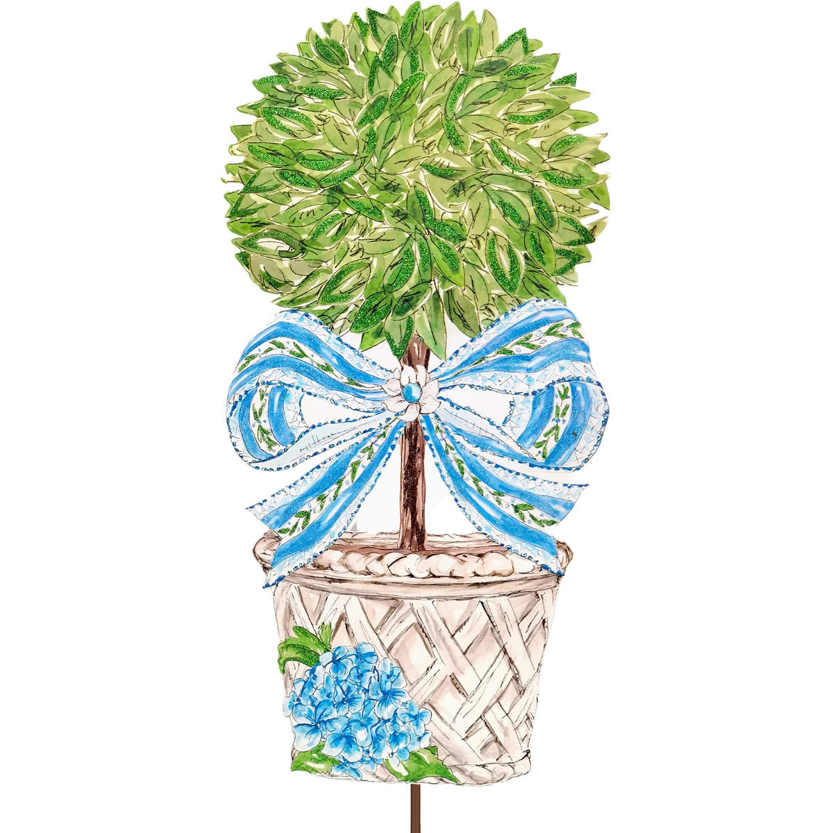 Beck's Wild Hydrangea Ficus topiary shaped like a small tree with green leaves on an easel stand.