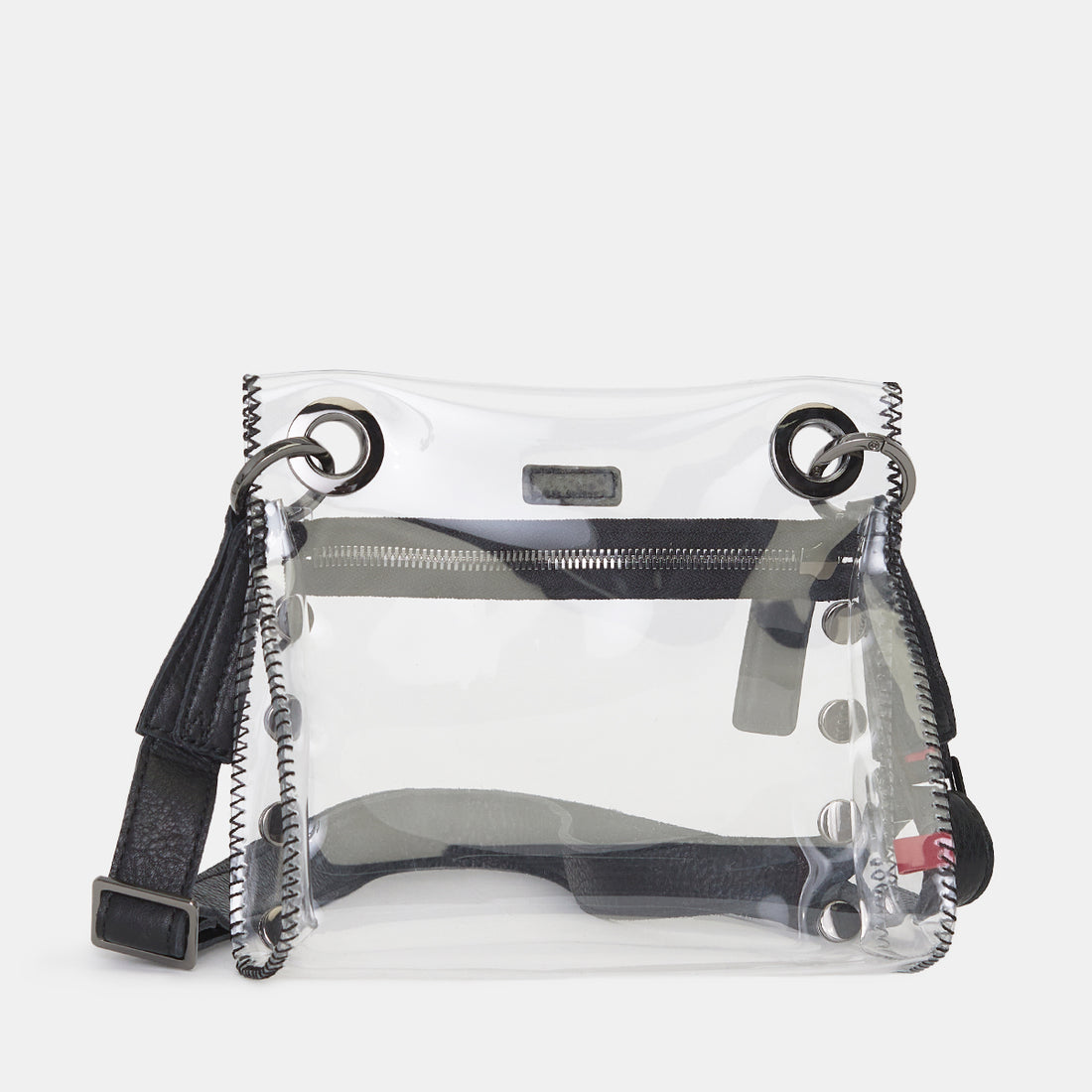 Tony Small Clear Bag with black leather strap and silver hardware accents.