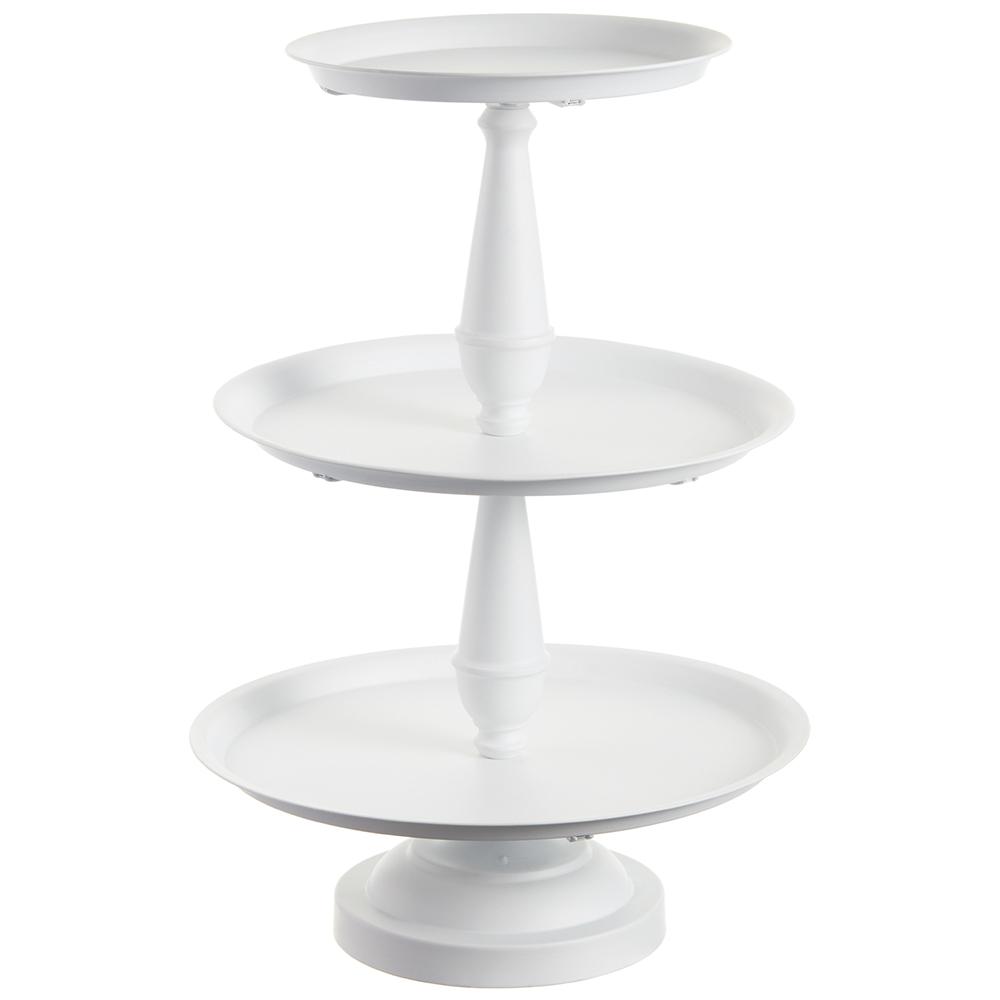 White three-tier serving platter with a rectangular shape.