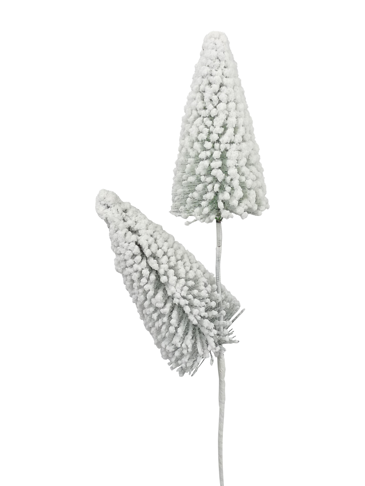 20-inch white flocked bottle brush tree spray with two frosted cone-shaped branches on a single stem