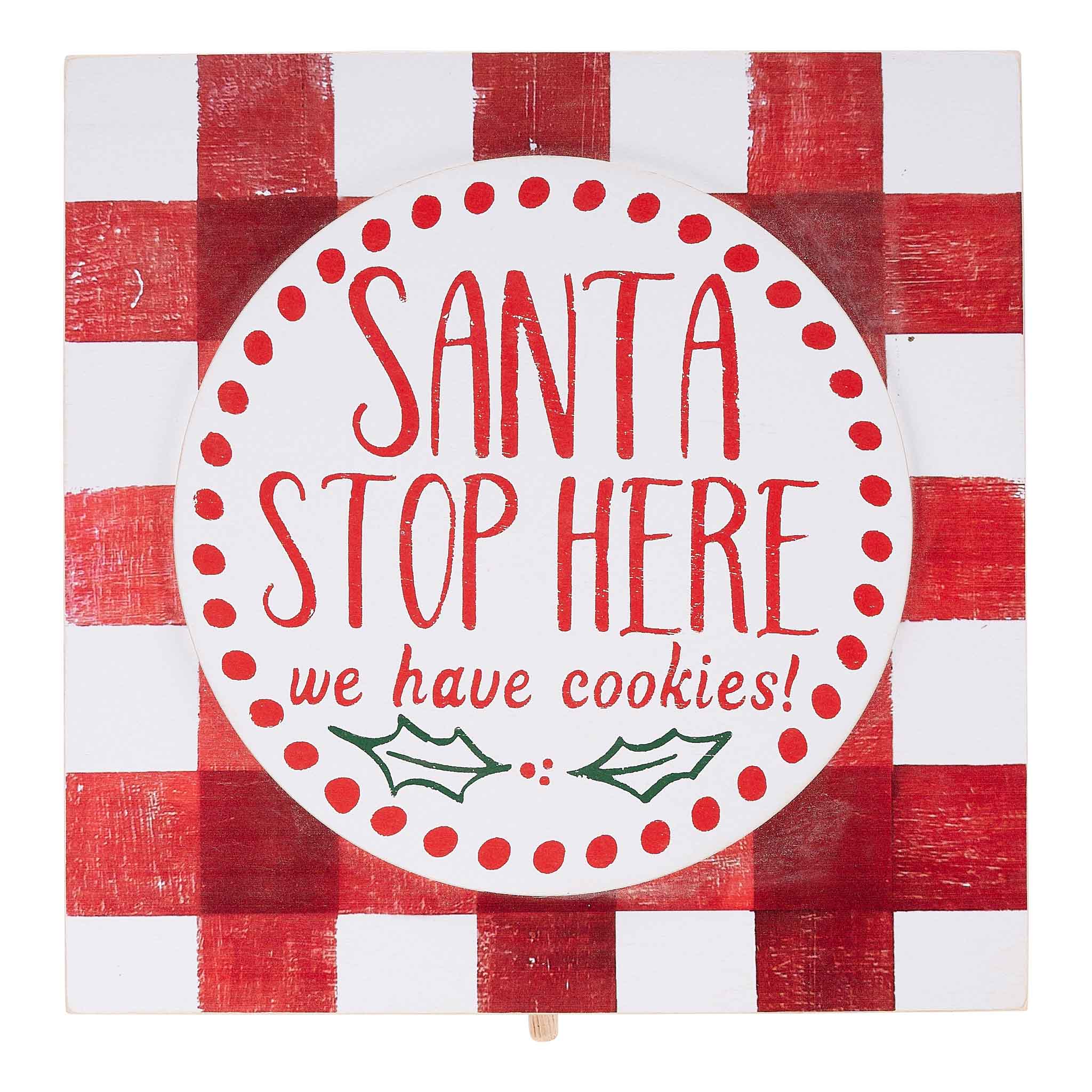 Square wooden topper with a red Santa Claus figure waving from a green sleigh silhouette.