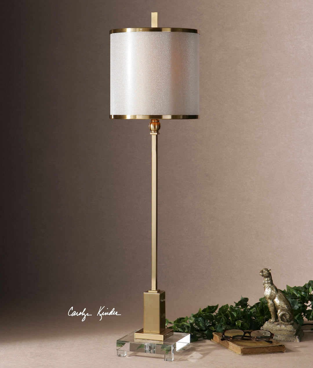 Villena brass buffet lamp with a classic curved silhouette featuring intricate scrollwork detailing.