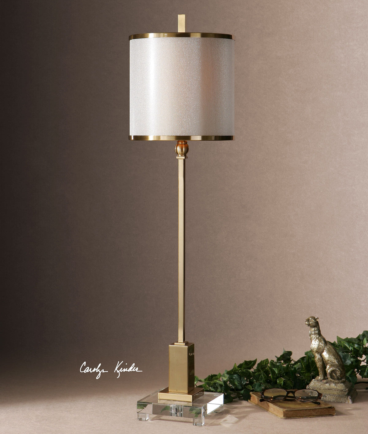 Villena brass buffet lamp with a classic curved silhouette featuring intricate scrollwork detailing.