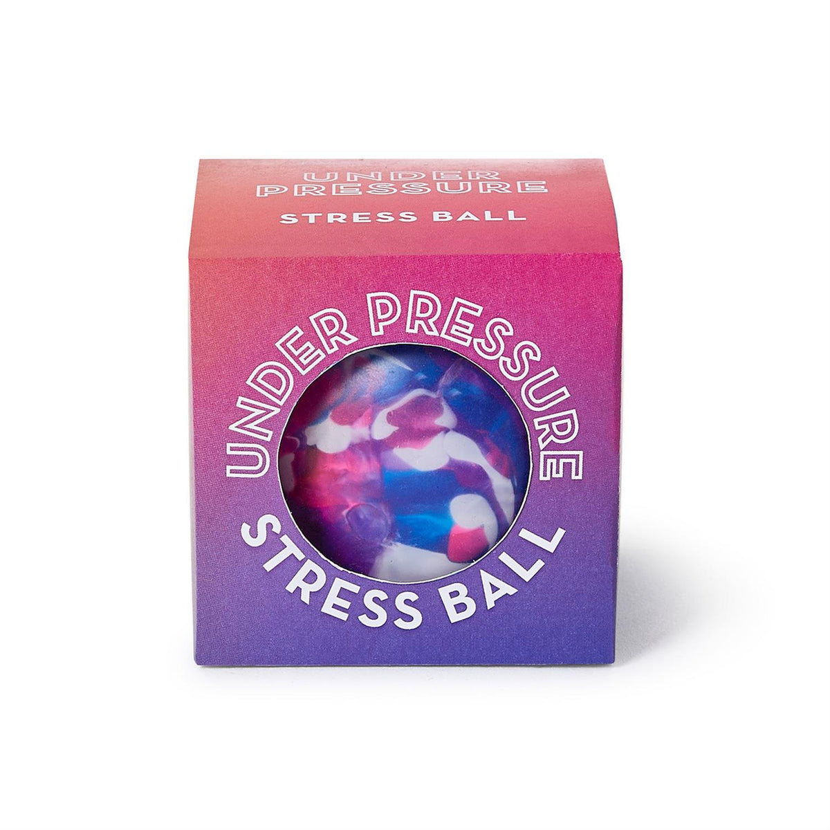 Marbled blue, pink, and white stress ball in a pink and purple gradient gift box.