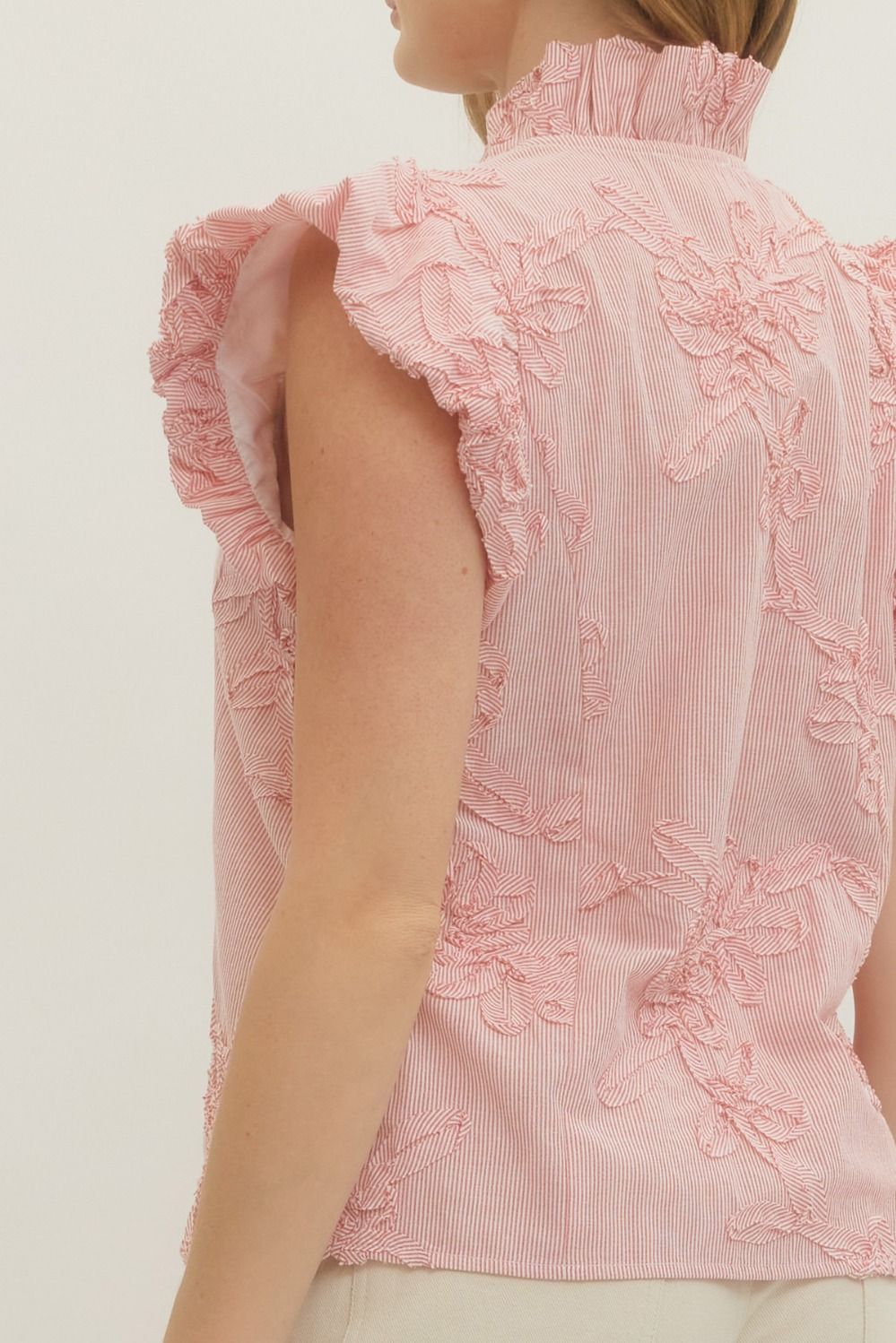 Leslie striped floral applique flutter sleeve top with ruffled mock neck in cotton
