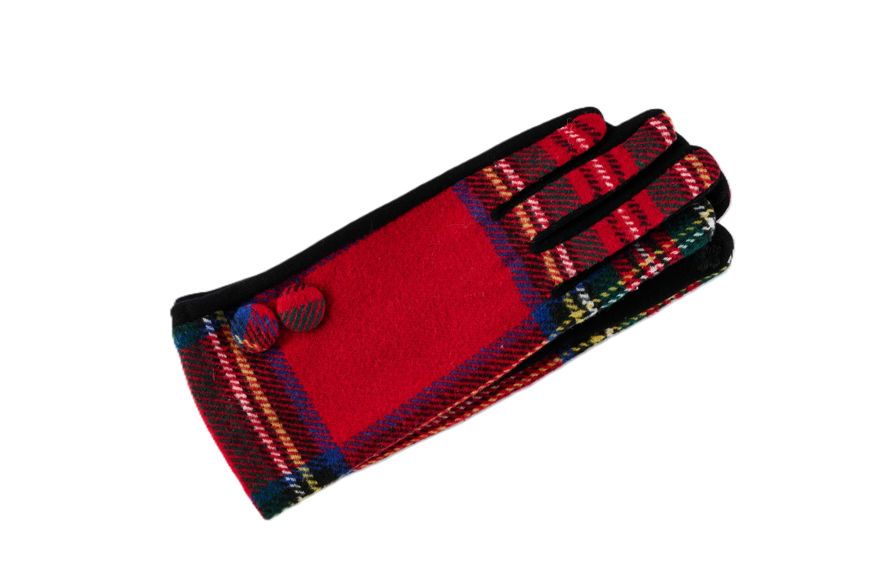 Red plaid fleece-lined gloves with two decorative buttons on the wrist.