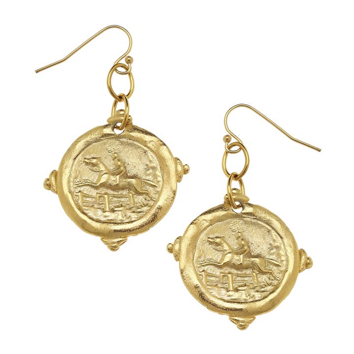 Gold equestrian earrings featuring a horse head silhouette with detailed mane texture.