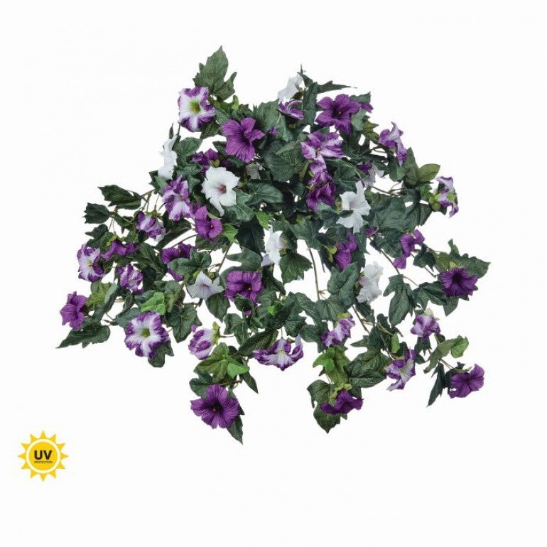 Hanging petunia plant in a lavender white pot with trailing foliage