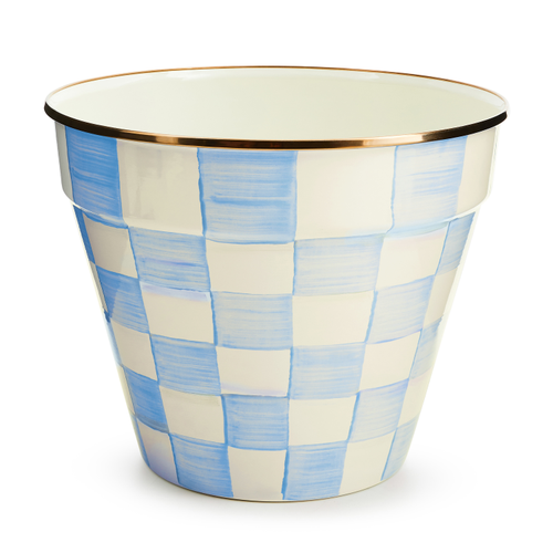 Extra large steel garden pot with hand-painted sky blue check pattern on a bronzed stainless steel rim.