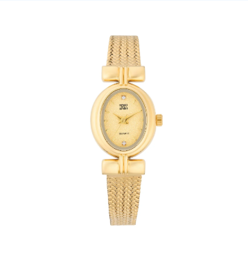 Ladies oval gold-tone watch with a textured gold dial and a woven mesh band.