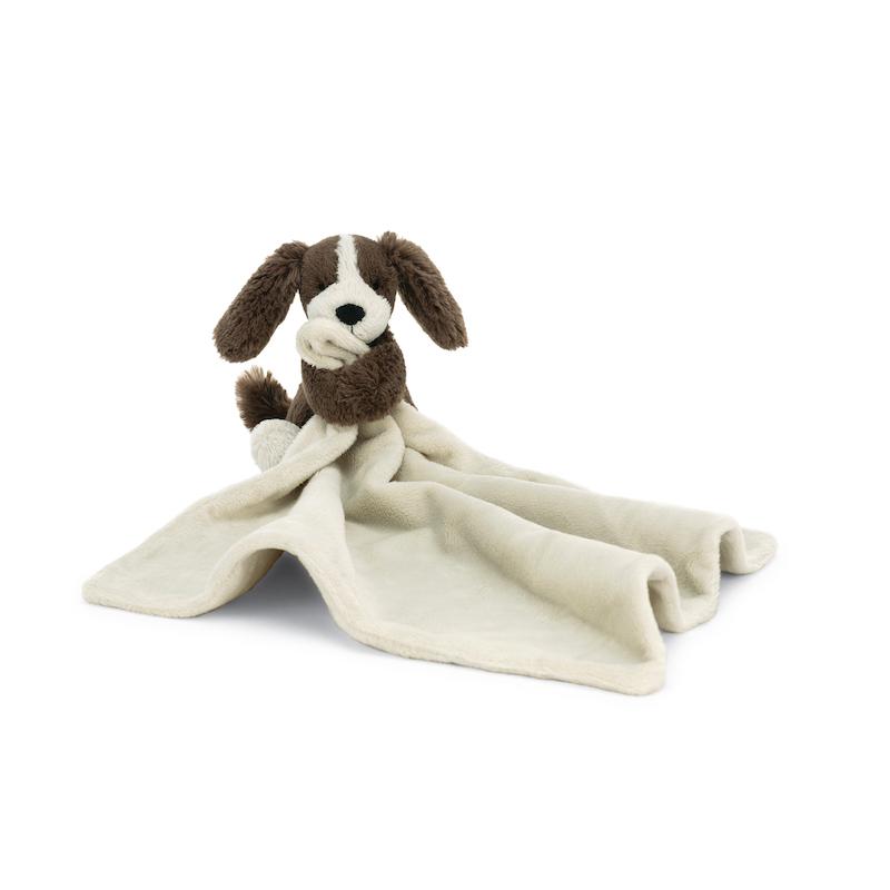 White Bashful Fudge Puppy Soother with soft silicone teat and orthodontic guard design.