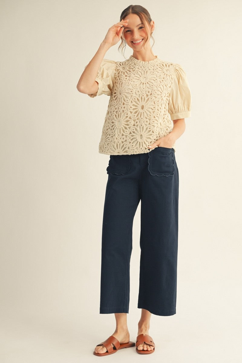 Callie Front Crochet Lace Contrast Solid Top