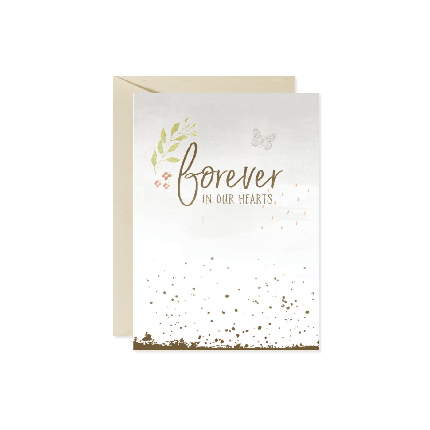 Forever In Our Hearts sympathy card with floral accents and a butterfly design.