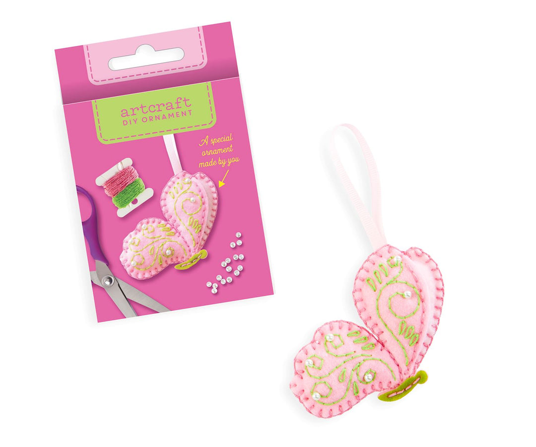 DIY Felt Ornament Kit featuring a pink butterfly craft with green embroidery and white beads.