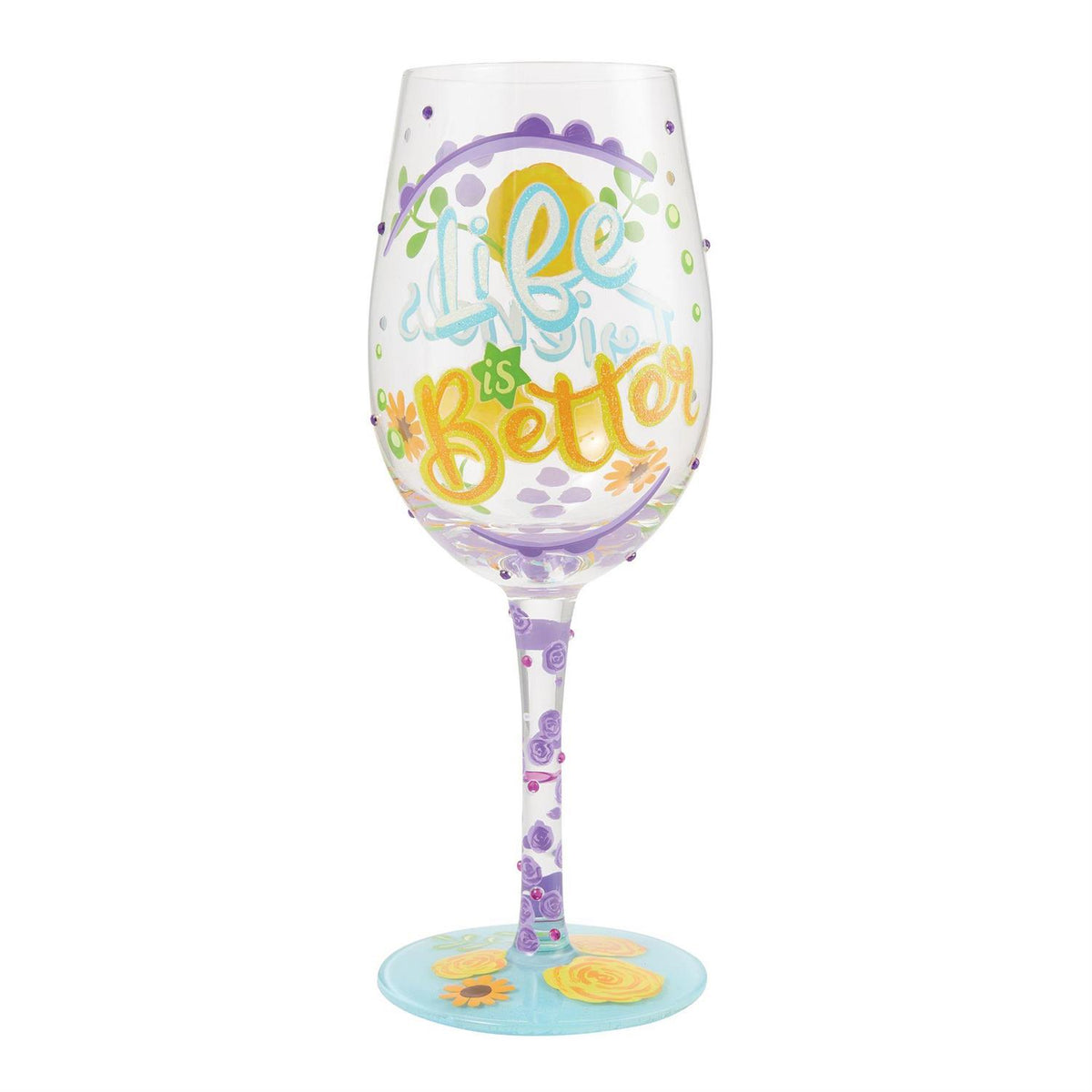 Colorful Lolita wine glass with hand-painted designs, glitter accents, and a cocktail recipe printed on the base.