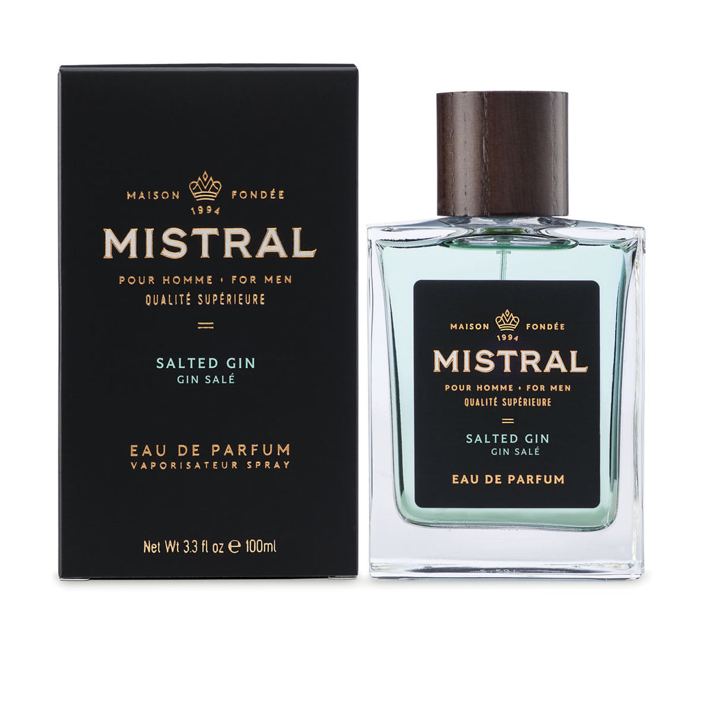 Mistral Salted Gin Eau de Parfum 100ml bottle and black packaging box.