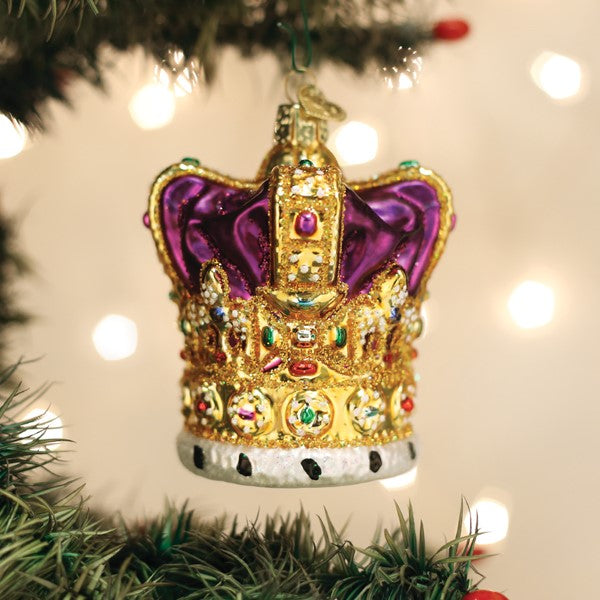 King's Crown glass Christmas ornament with purple velvet-look top and gold glittered base.