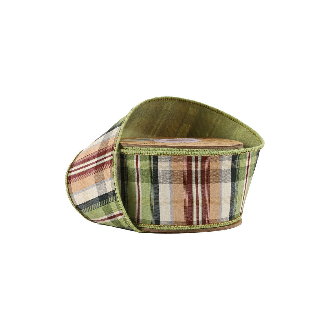 2.5 inch wired ribbon with green and tan plaid pattern and a solid green dupioni backing.