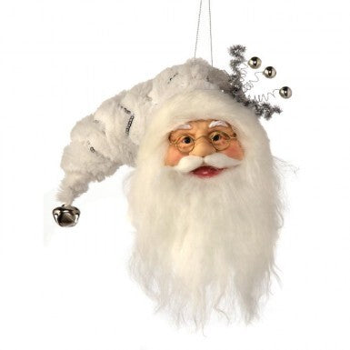 9-inch Santa head ornament with a white fabric hat, silver accents, and a long white beard.