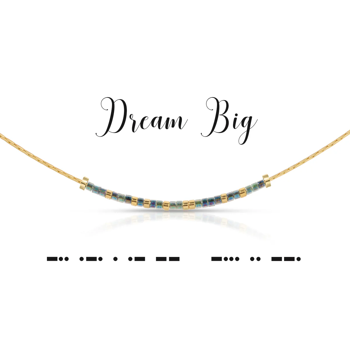 Gold chain necklace with blue and gold beads spelling 'Dream Big' in Morse code.